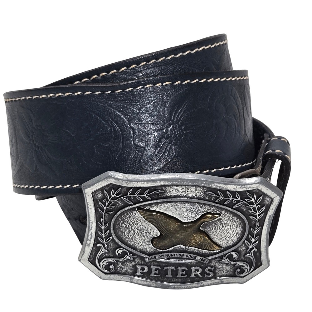 Remington Mens 34 36 Black Tooled Leather Belt Peters Cartridge Ammunition 1975